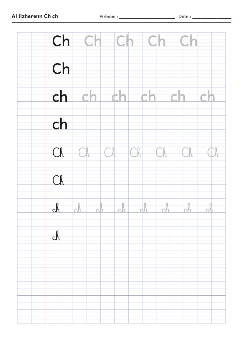 Fiche d'écriture : la lettre Ch de l'alphabet breton