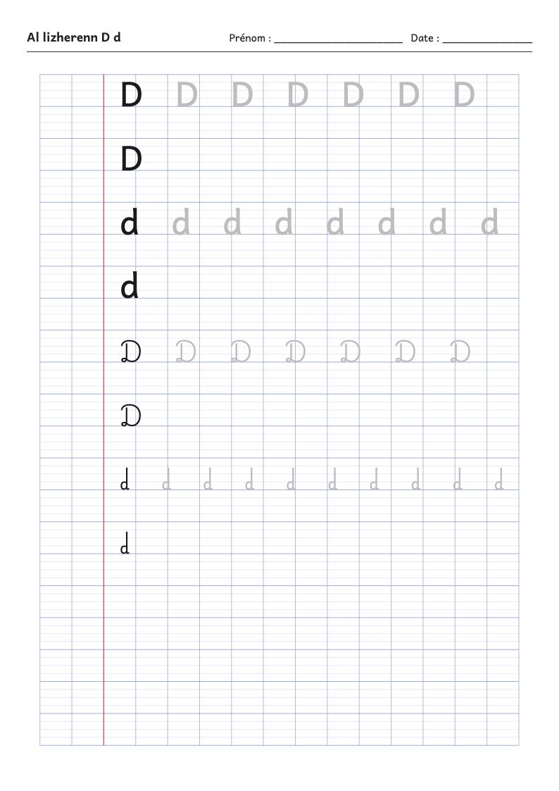Fiche d'écriture : la lettre D de l'alphabet breton