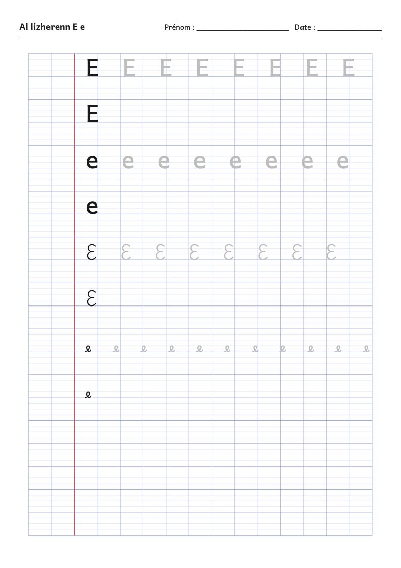 Fiche d'écriture : la lettre E de l'alphabet breton