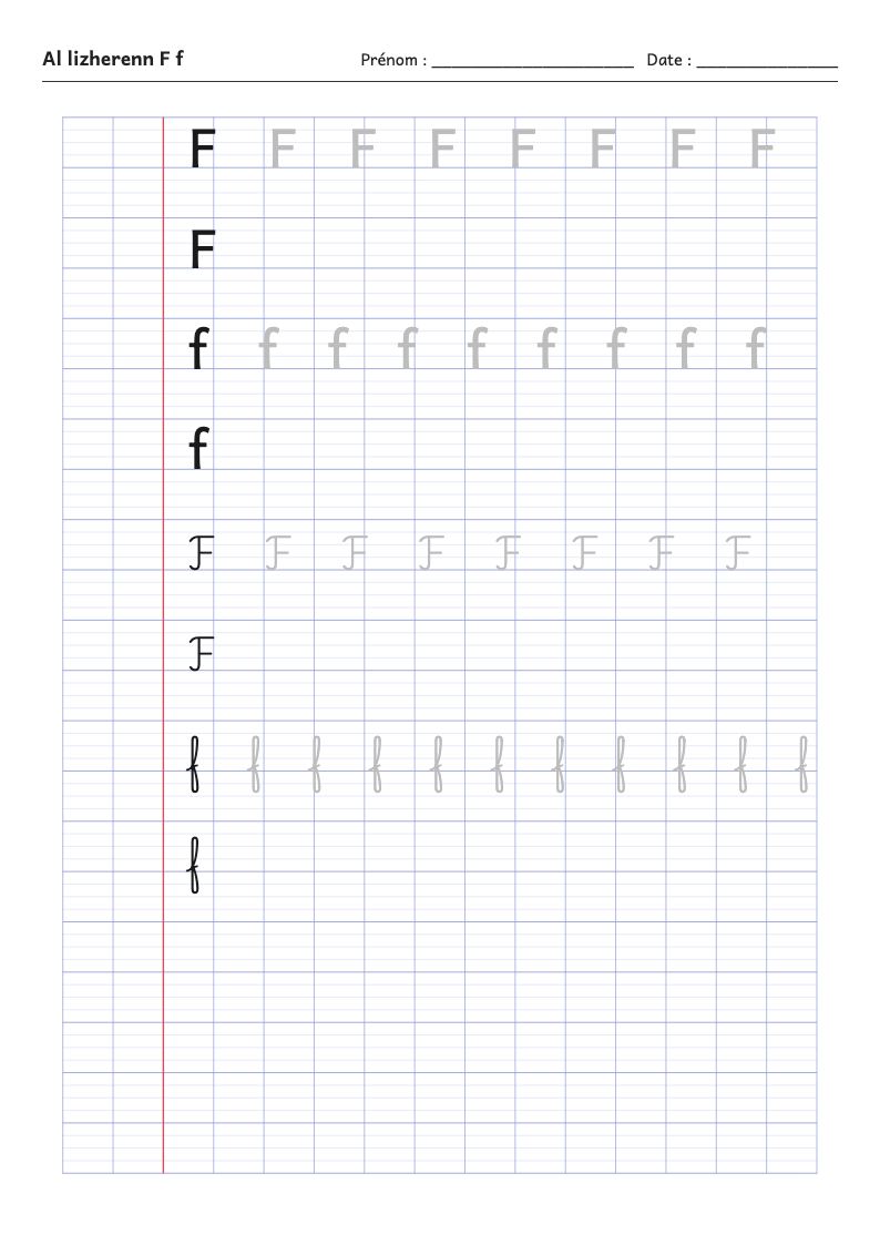 Fiche d'écriture : la lettre F de l'alphabet breton