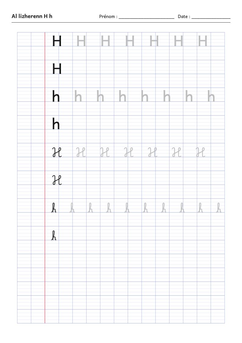 Fiche d'écriture : la lettre H de l'alphabet breton