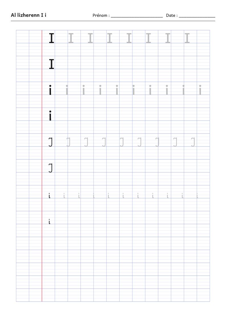 Fiche d'écriture : la lettre I de l'alphabet breton