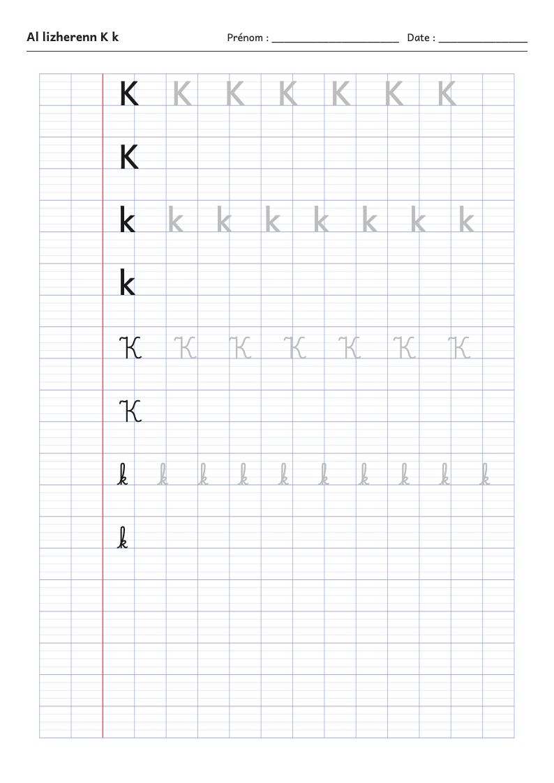 Fiche d'écriture : la lettre K de l'alphabet breton