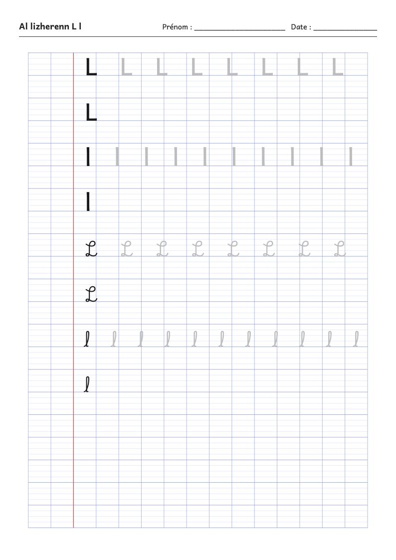 Fiche d'écriture : la lettre L de l'alphabet breton