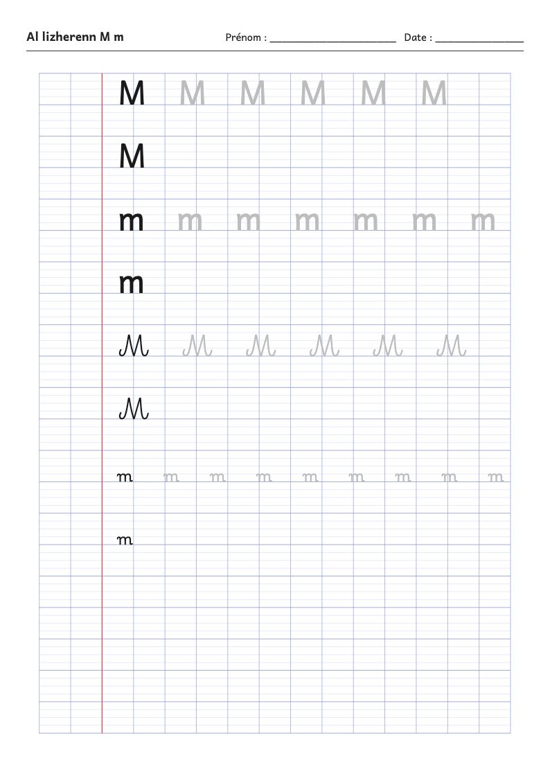 Fiche d'écriture : la lettre M de l'alphabet breton