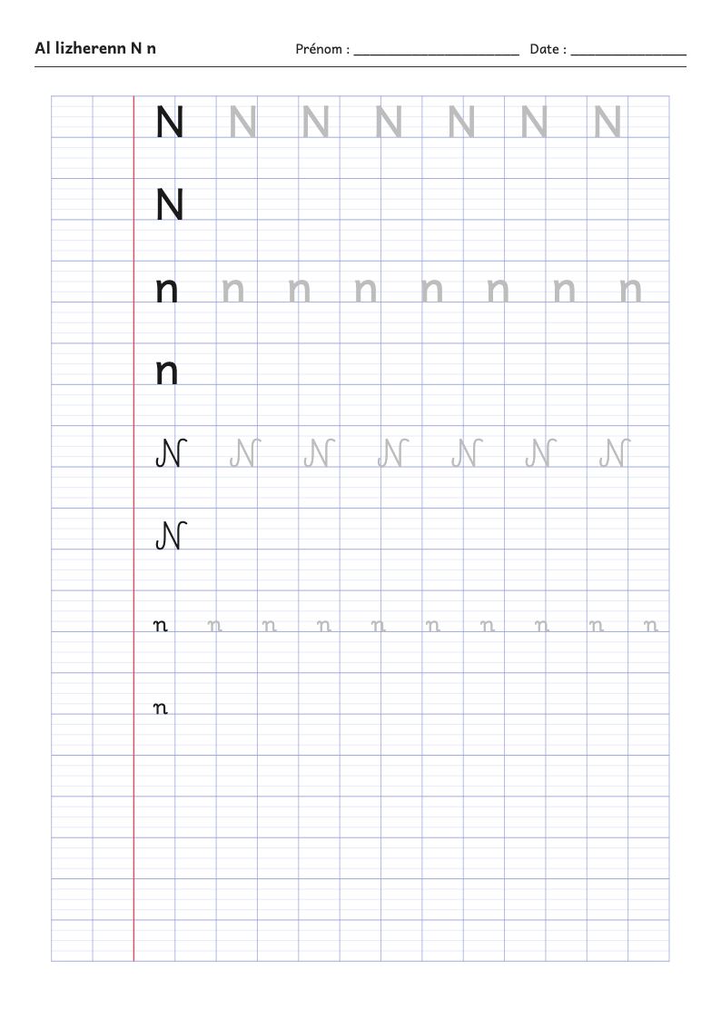 Fiche d'écriture : la lettre N de l'alphabet breton