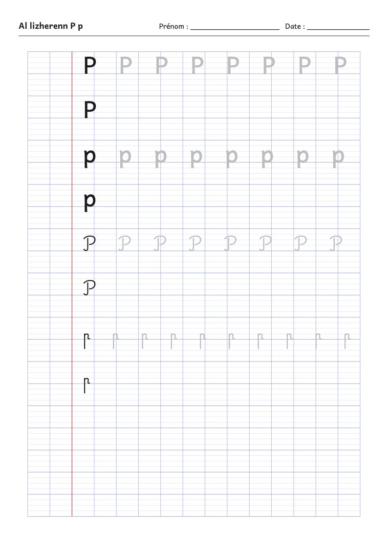Fiche d'écriture : la lettre P de l'alphabet breton