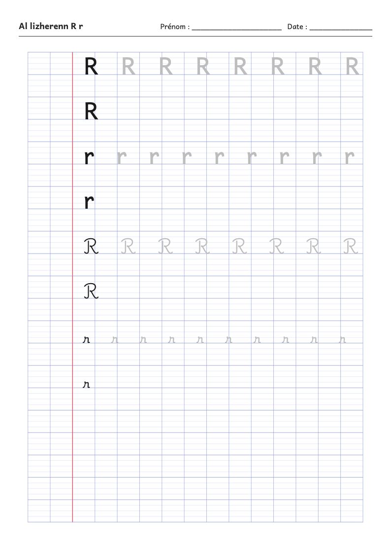 Fiche d'écriture : la lettre R de l'alphabet breton