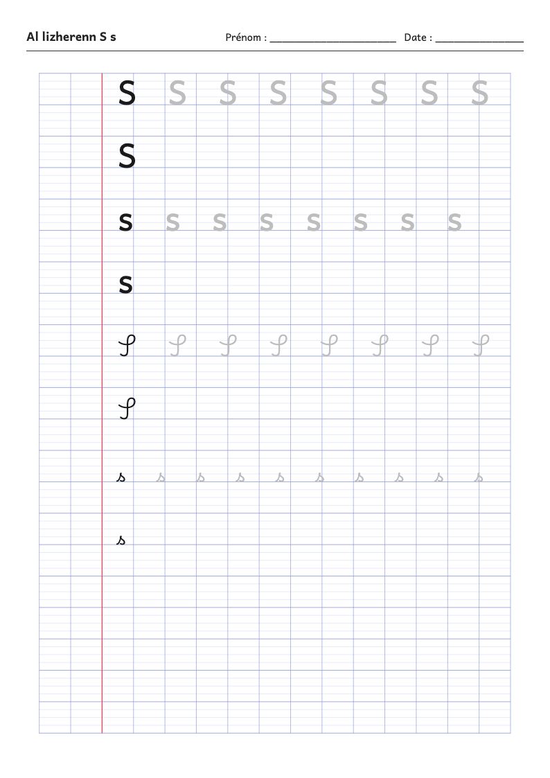 Fiche d'écriture : la lettre S de l'alphabet breton