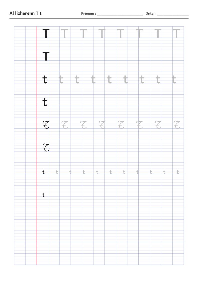 Fiche d'écriture : la lettre T de l'alphabet breton