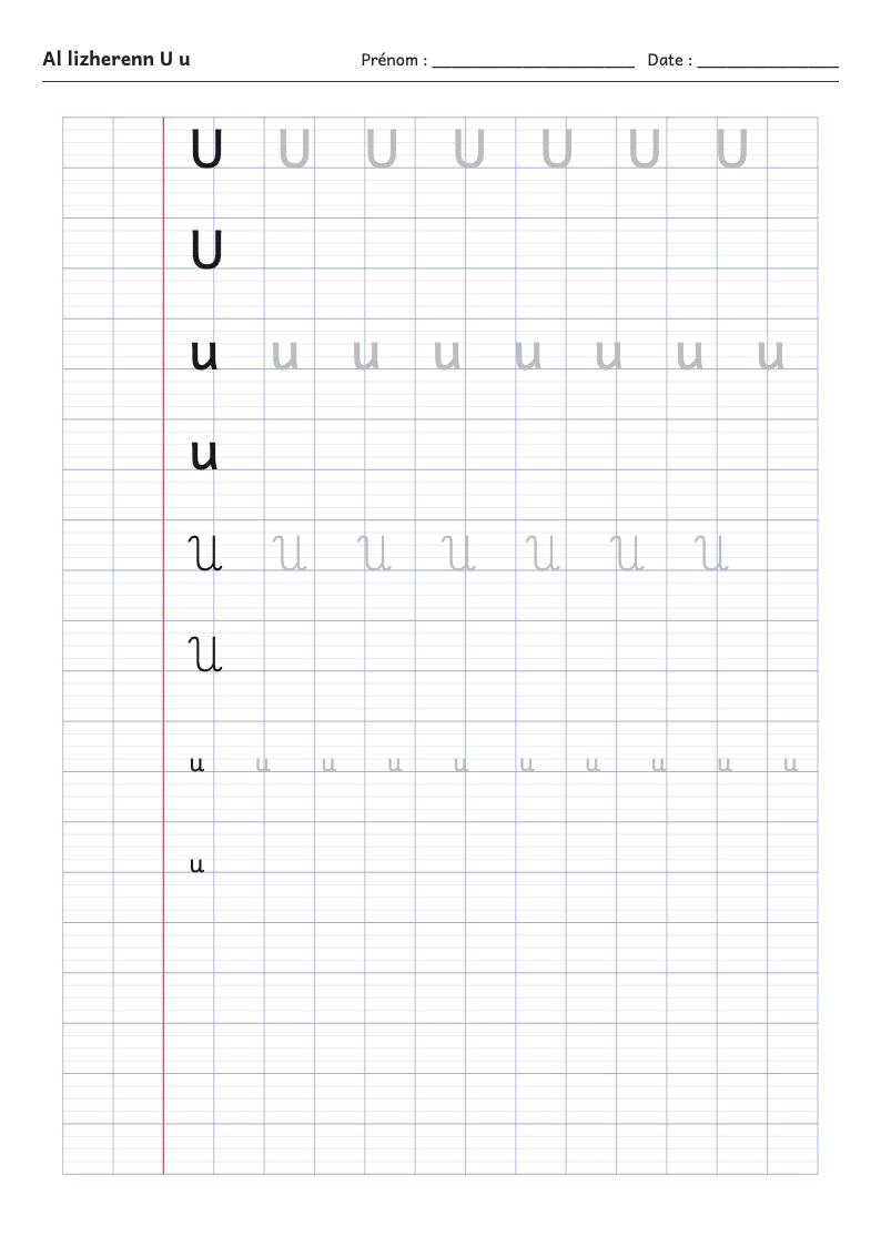Fiche d'écriture : la lettre U de l'alphabet breton