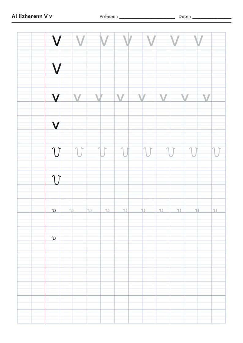 Fiche d'écriture : la lettre V de l'alphabet breton