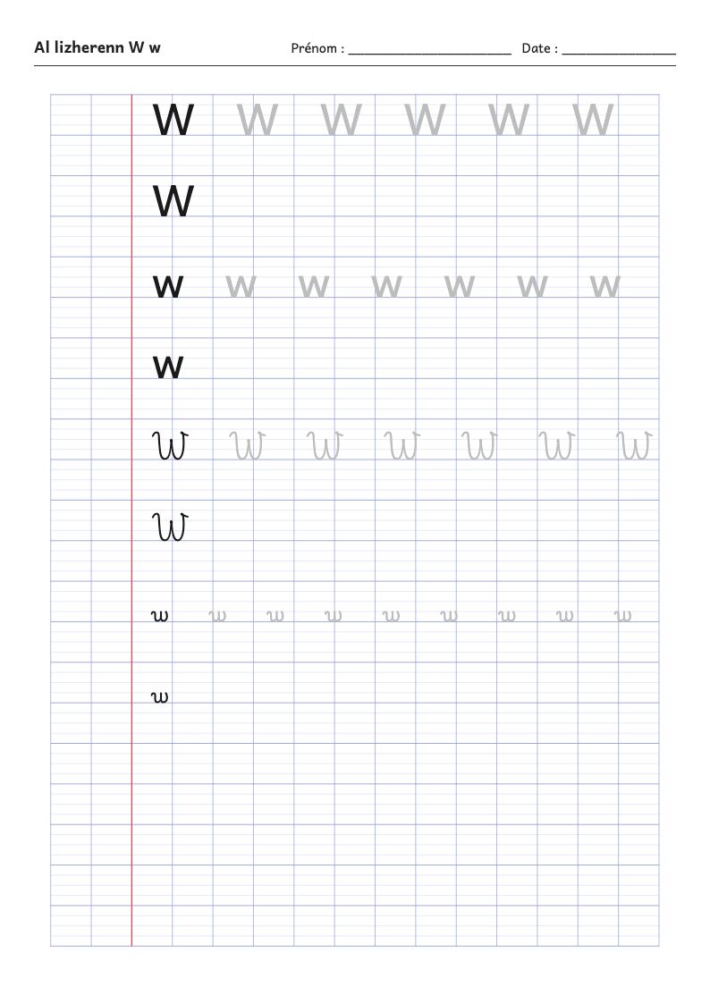 Fiche d'écriture : la lettre W de l'alphabet breton