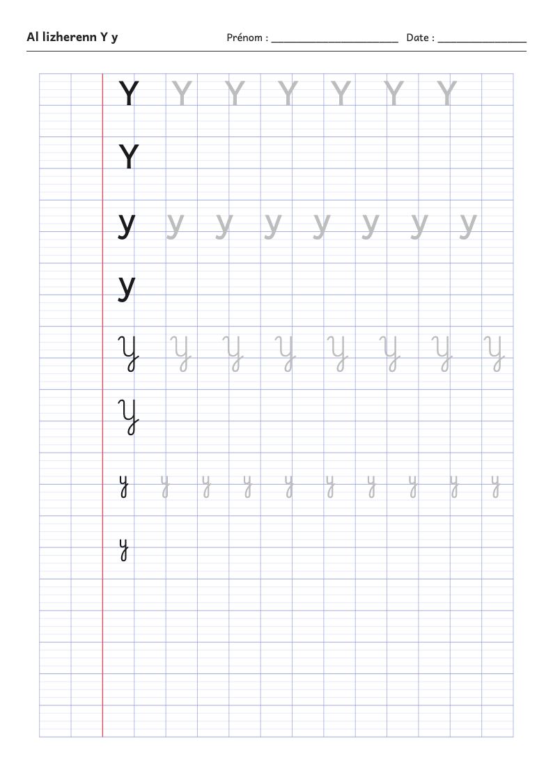 Fiche d'écriture : la lettre Y de l'alphabet breton
