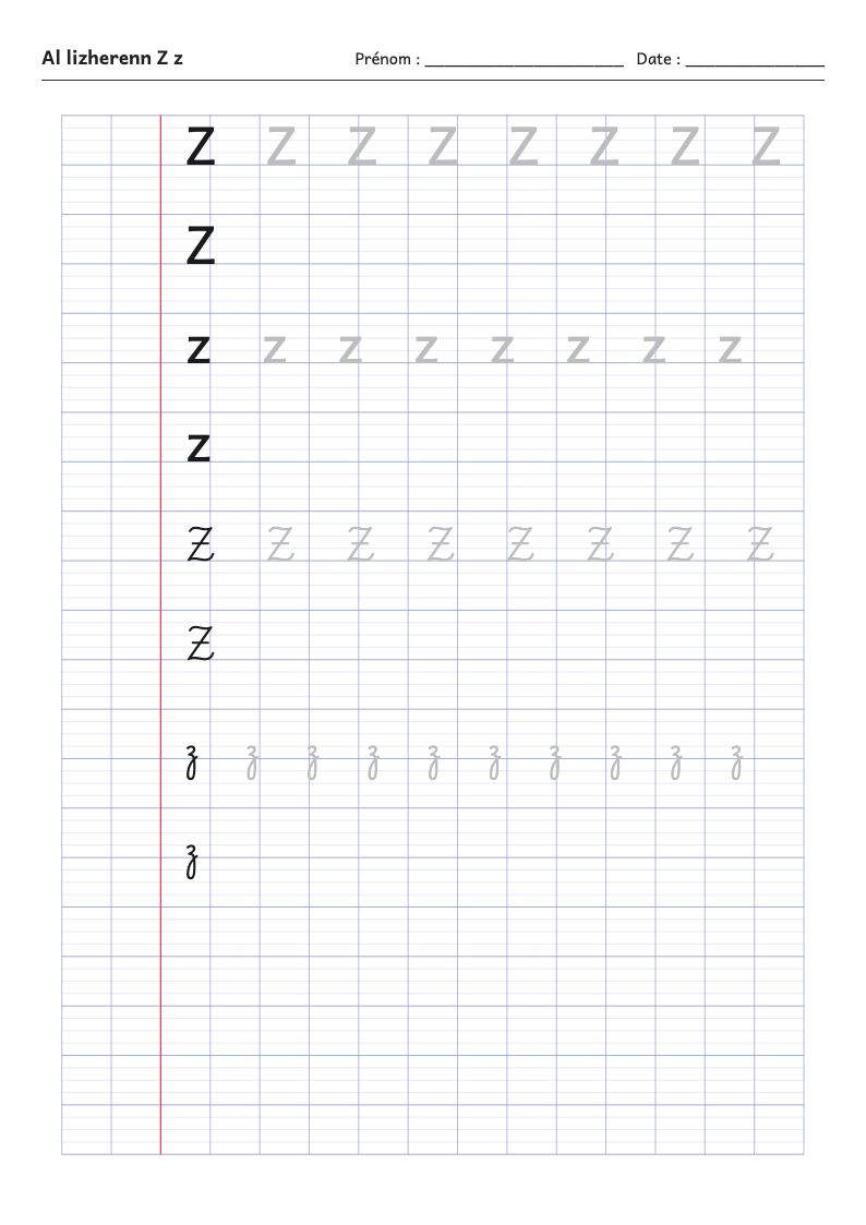 Fiche d'écriture : la lettre Z de l'alphabet breton