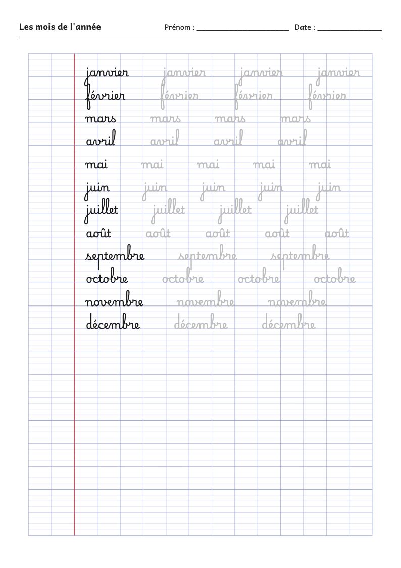 Fiche d'écriture : les mois de l'année en attaché