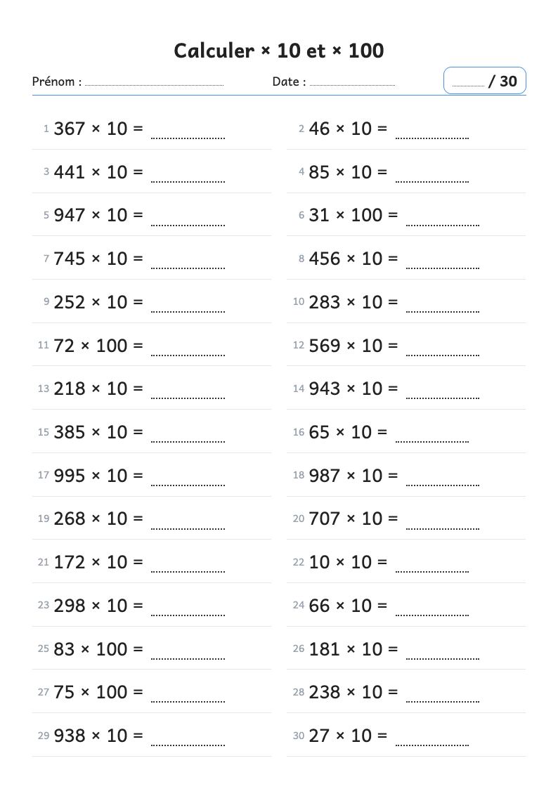 Fiche de calcul : multiplier par 10 et par 100