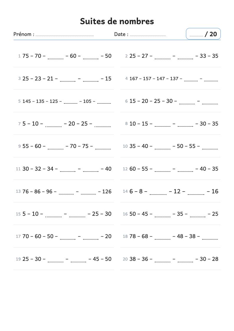 Fiche de calcul : compléter des suites de nombres