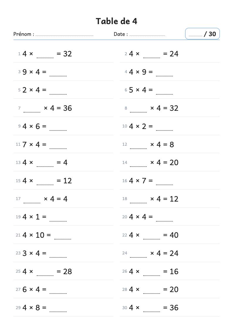 Fiche de calcul : la table de multiplication de 4