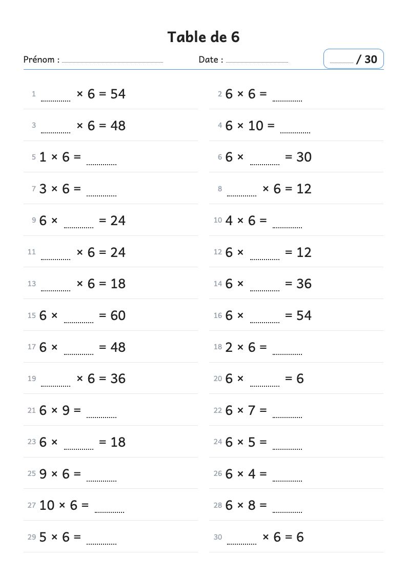 Fiche de calcul : la table de multiplication de 6