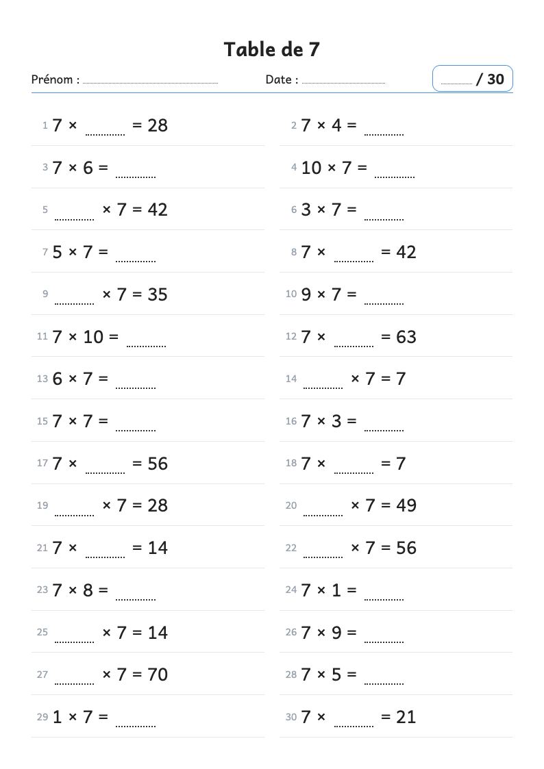Fiche de calcul : la table de multiplication de 7