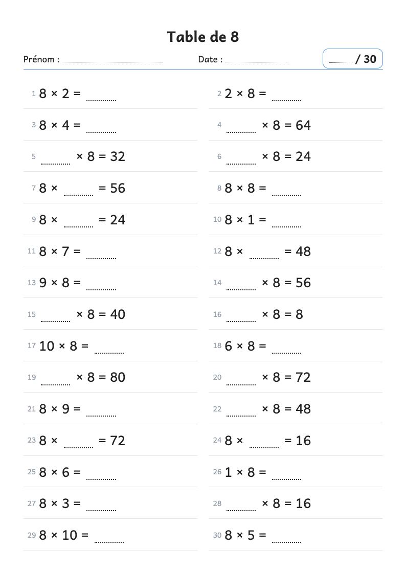 Fiche de calcul : la table de multiplication de 8