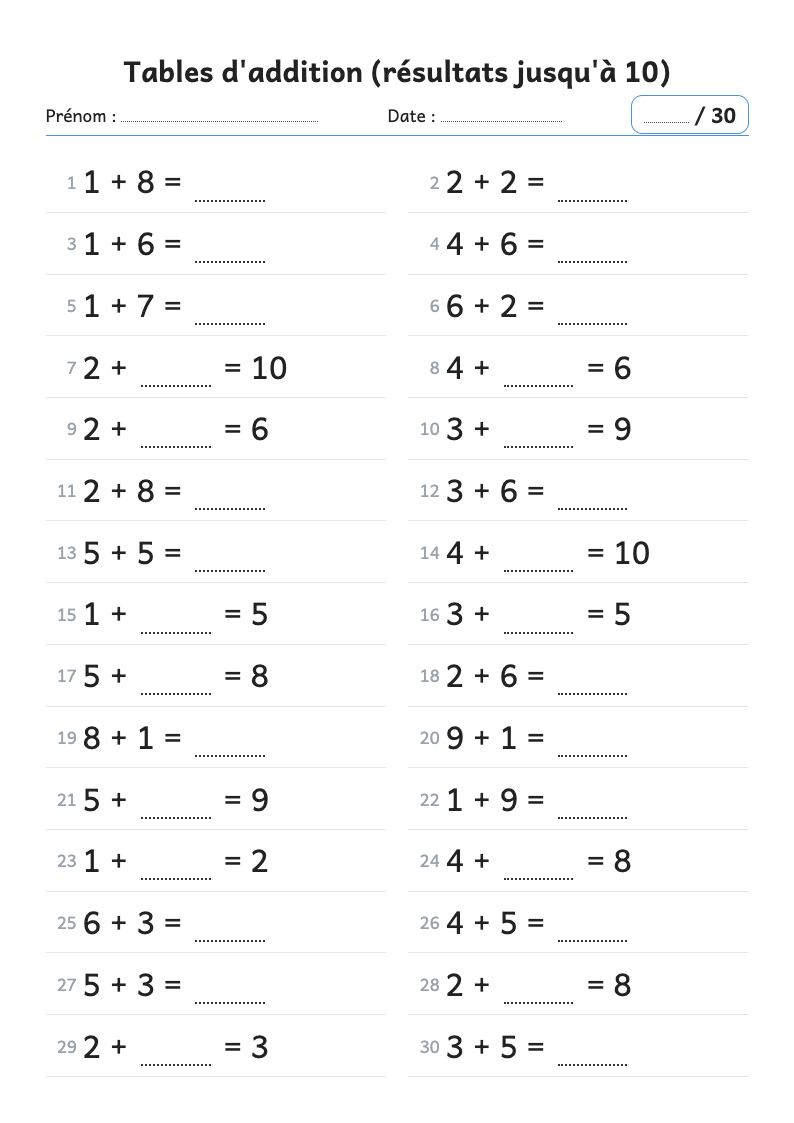 Fiche de calcul : tables d'addition, résultats jusqu'à 10
