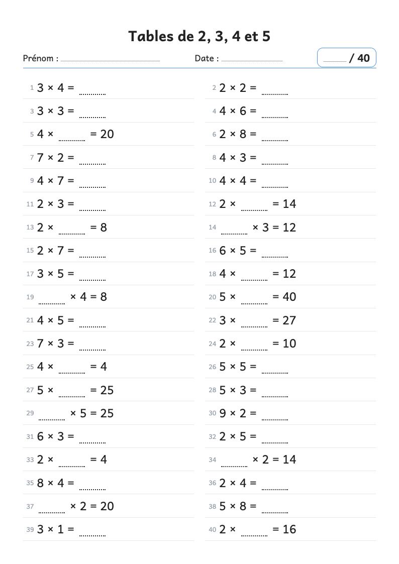 Fiche de calcul : tables de multiplication de 2, 3, 4 et 5 mélangées