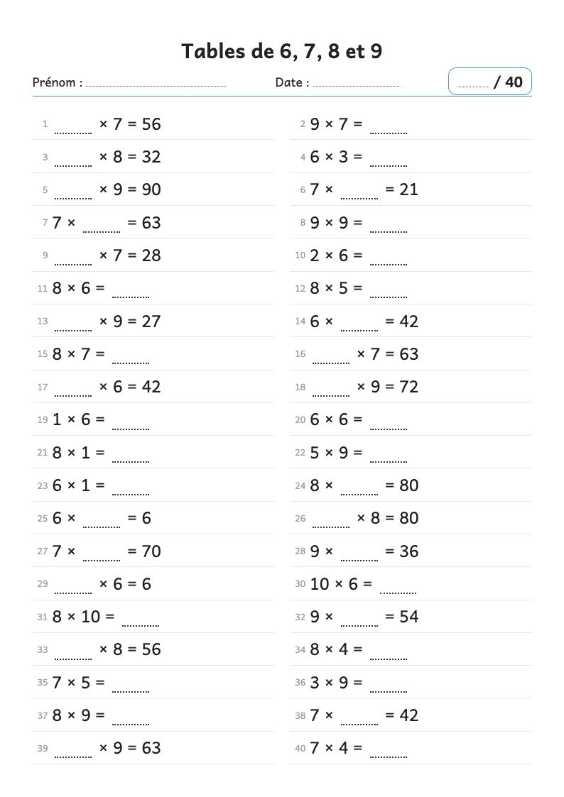 Fiche de calcul : tables de multiplication de 6, 7, 8 et 9 mélangées