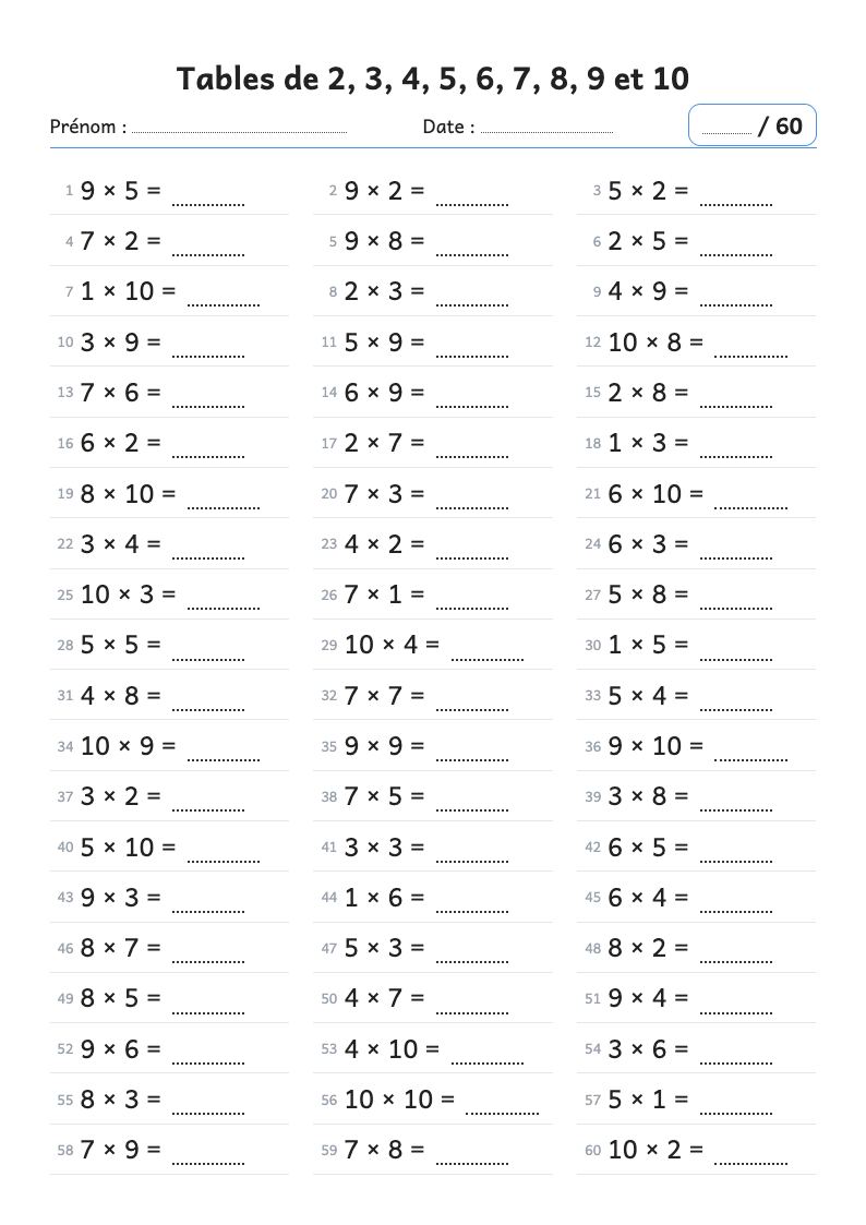Fiche de calcul : toutes les tables de multiplication (60 calculs)